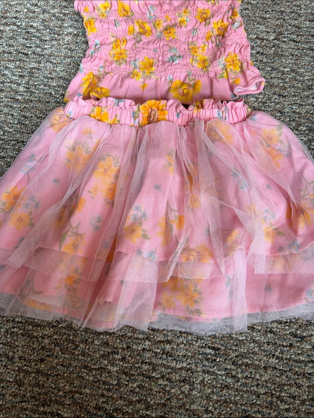 Old Navy Pink & Yellow Floral Smocked Tank Top and Tulle Skirt Set
